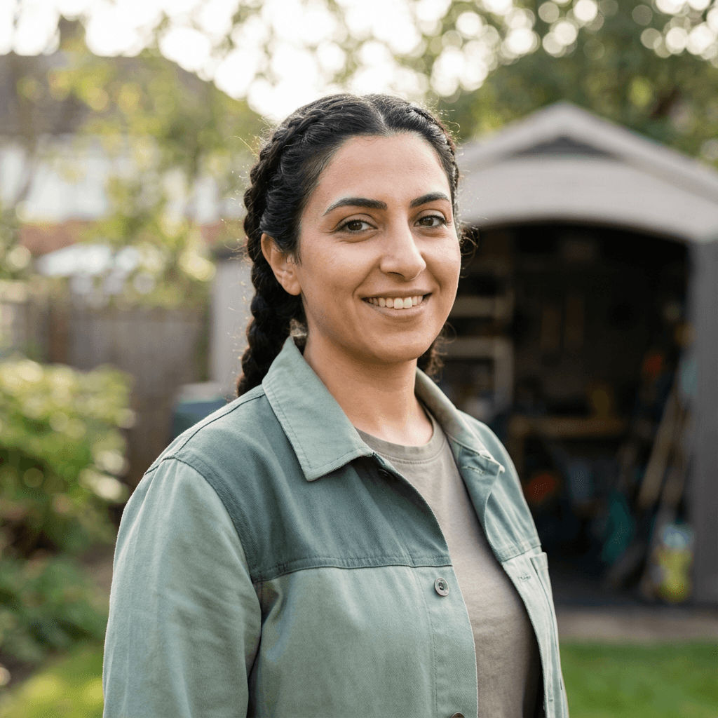 Female homeowner in her early 50s smiling in a living room