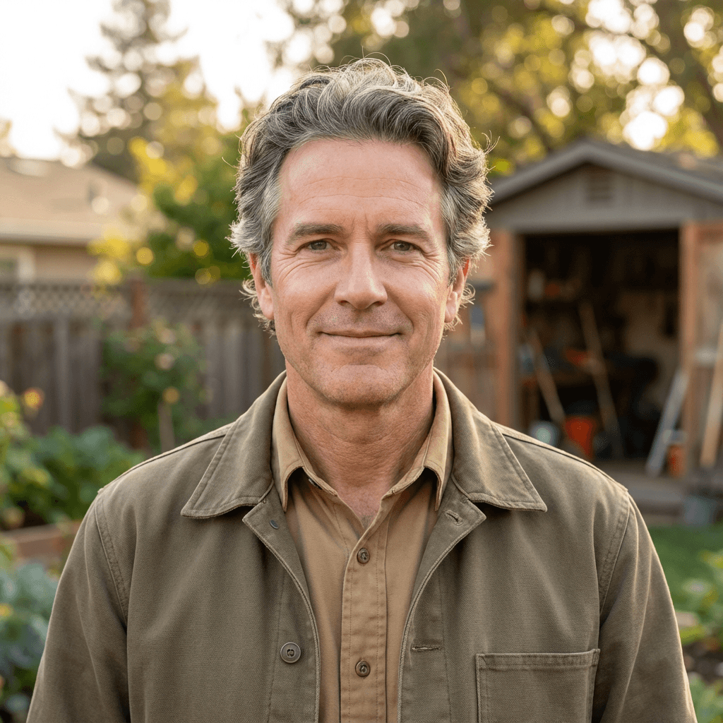 Male homeowner in his late 30s next to an AC unit in a backyard
