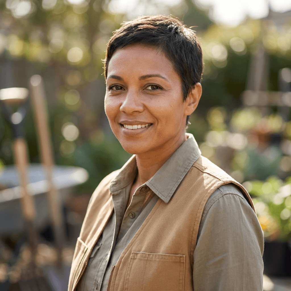 Female homeowner in her early 40s, White, friendly and relaxed demeanor, casual style suitable for a residential setting