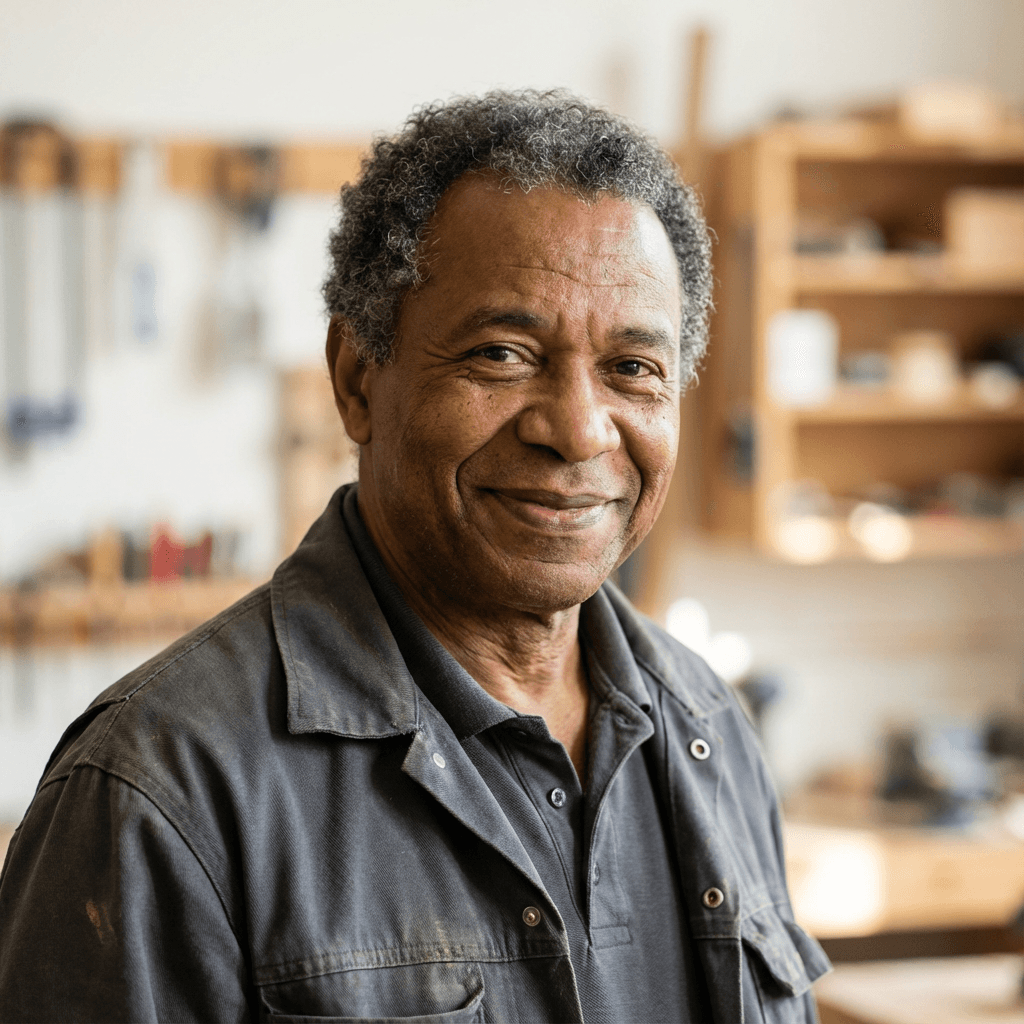 Male homeowner in his early 40s, Black, in a casual short-sleeve shirt in a bright kitchen