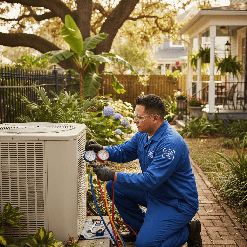 HVAC technician checks refrigerant pressure on outdoor AC unit in a New Orleans backyard