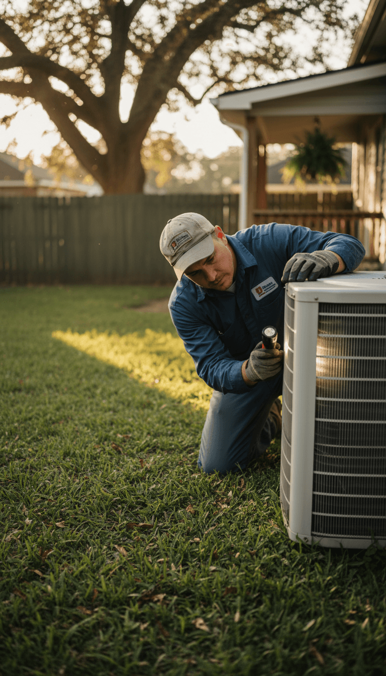 HVAC technician inspecting an air conditioning unit