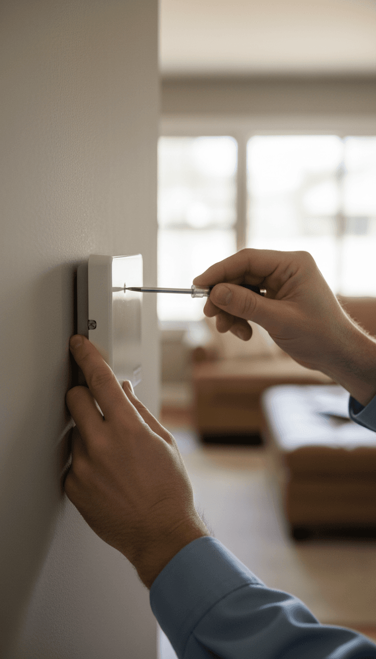 HVAC technician's hands adjusting a wall thermostat with a screwdriver in a home