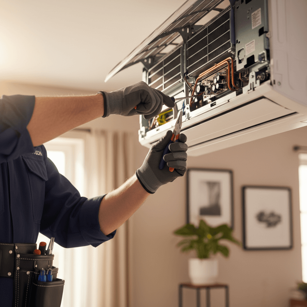 HVAC technician's hands tightening a fitting on an AC unit with a wrench