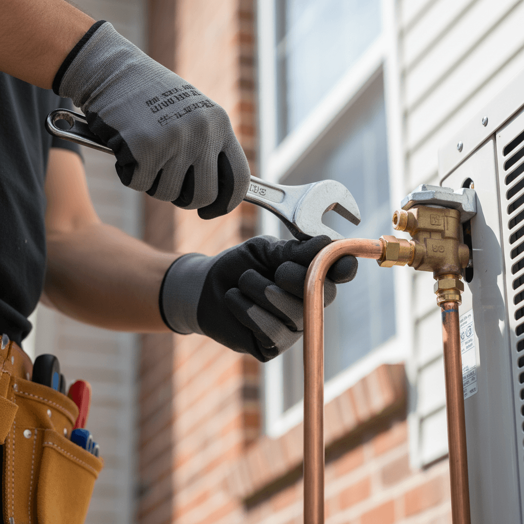 Technician's hands tightening a copper refrigerant line inside an HVAC unit