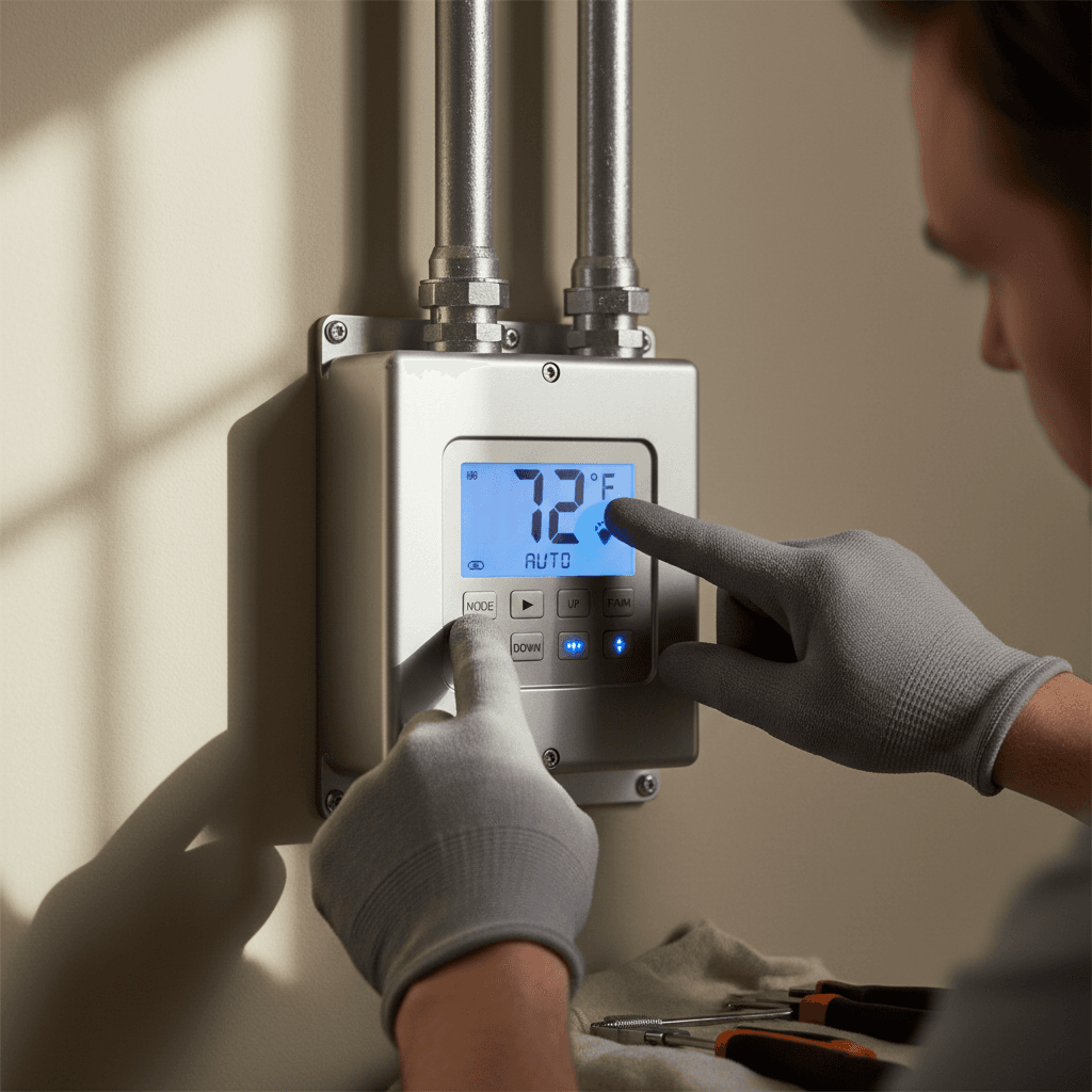 Technician adjusting a thermostat on a wall unit
