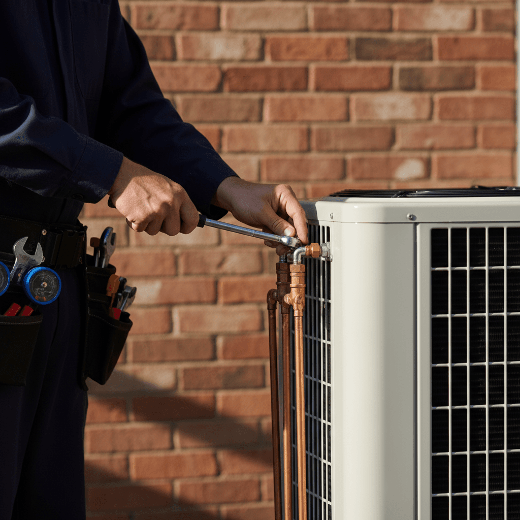 Technician installing new AC condenser unit